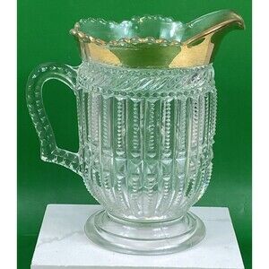 Old Beautiful Heavy Pressed Glass Pitcher 6” Scalloped Top Zipper Design Footed